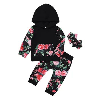 

Baby Girls Autumn Casual Outfits Floral Printed Long Sleeve Hoodie Long Pants Headbands 3Pcs Clothes Set Hooded Top Trousers D30