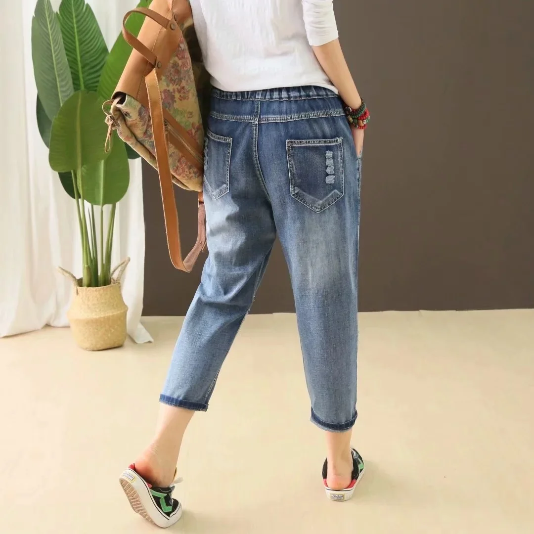 ripped jeans Elastic Waist Jeans Ladies Vintage Embroidery Trousers Women Casual Retro Floral Denim Cowboy Ripped Harem Pants Yalabovso jeans pant