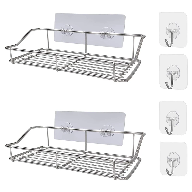 2 Pack Adhesive Shower Caddy Bathroom Shelf Storage Kitchen Rack and Hooks No Drilling Wall Mounted Rustproof Promotion | Дом и сад