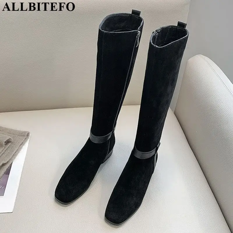 ALLBITEFO/женские ботинки из натуральной кожи; сезон осень-зима; модные ботинки с квадратным носком для девочек; высококачественные женские сапоги до колена