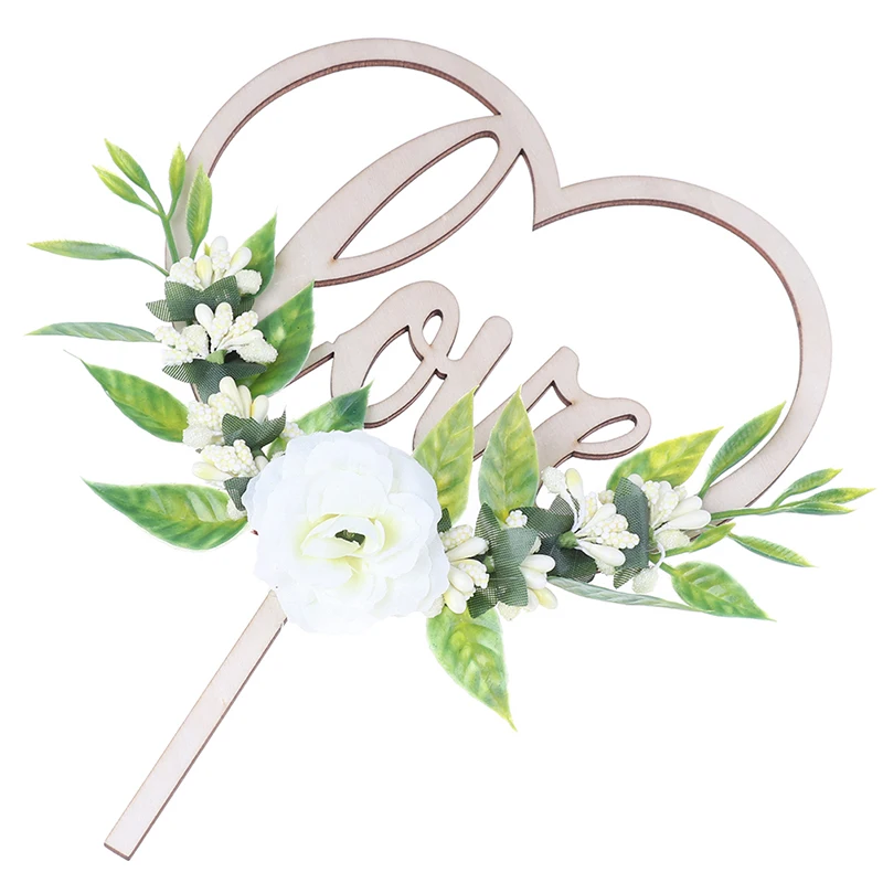 Love Flower Happy Birthday Wooden Cake Toppers White Rose Decor Wedding Party Decoration