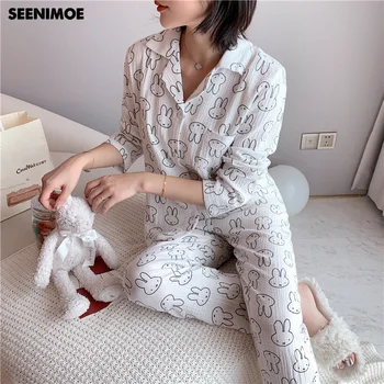 

SEENIMOE 2020 New Autumn and Winter Long Sleeve Pajamas Women Cotton Homewear Two Piece Home Pajamas Nightgown Women Nightwear