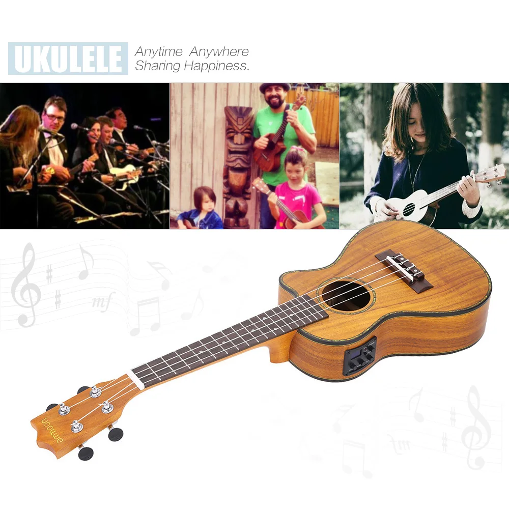 

Hot New HOT 24" Cutaway Ukulele Hawaii Guitar with LED EQ Koa Plywood Cowry Shell Brims 4 Strings Instrument Gift Present