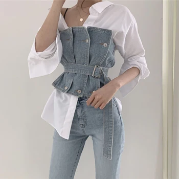 

Spring New 2020 Stripes Long-sleeved Denim Two Pieces Shirt Women Long Sleeve Wild Ladies Blouses and Tops Fashion Women Clothes