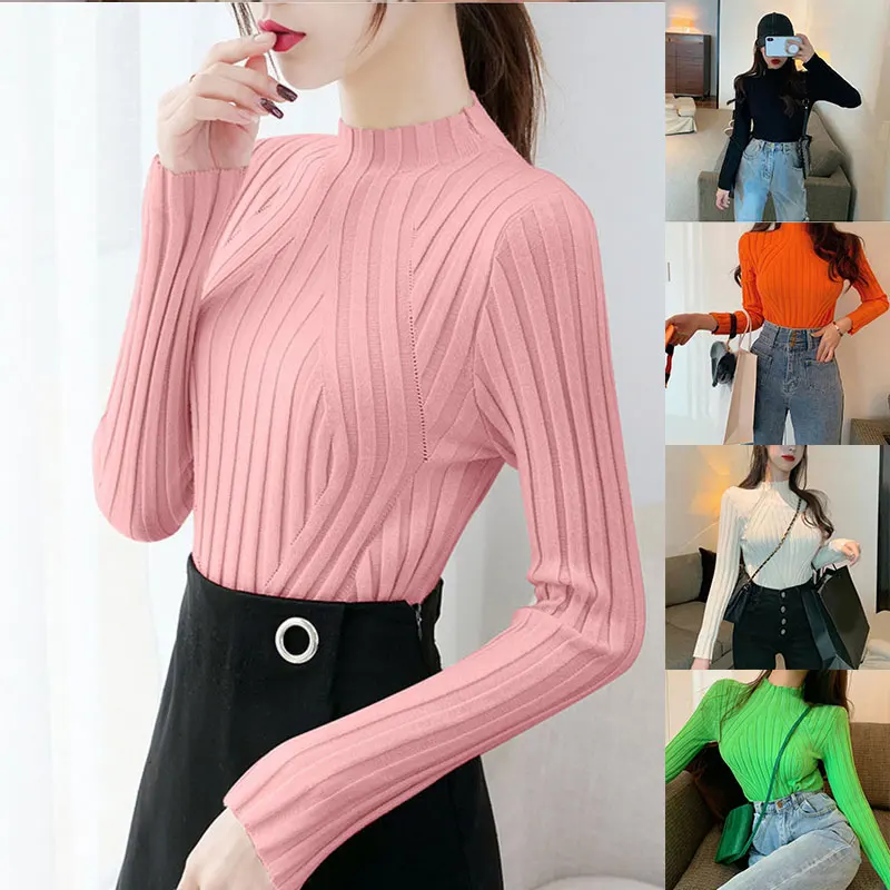 

Lady Casual Long Sleeve Half High Collar Slim Bottom Sweater Women Autumn Winter Solid Color Slim Sweaters Simple Knit