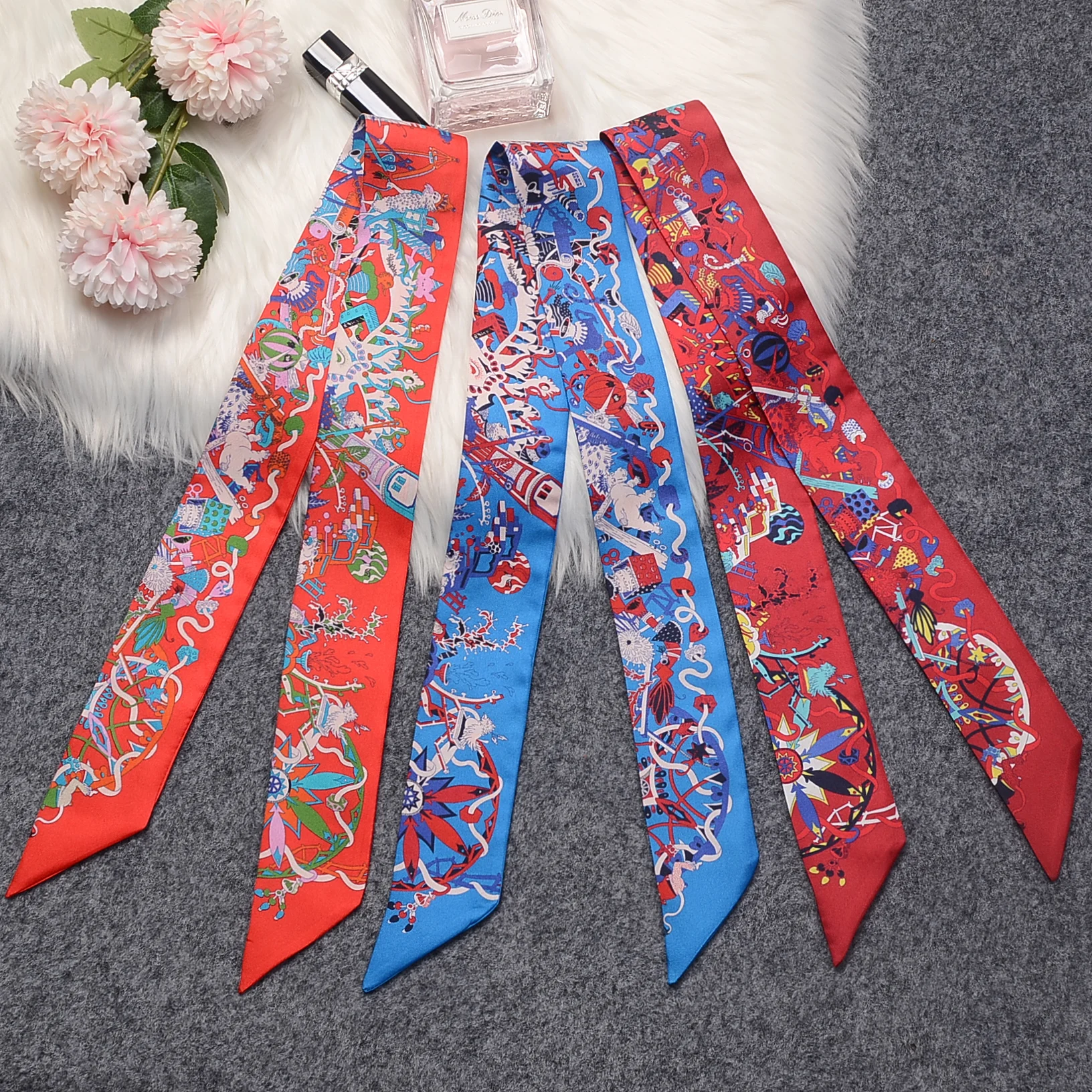 

Silk Scarf For Women's Bandana Letter chain Printed Handle Bag Ribbons Brand Fashion Head Scarf Small Long Skinny Scarves Pareo