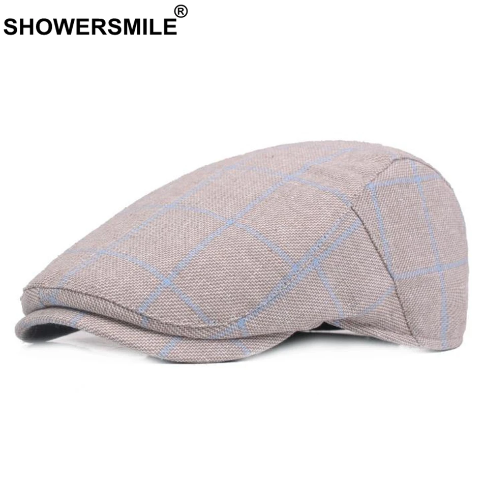 SHOWERSMILE Men's Blue Berets Plaid Adjustable Cotton Flat Cap Male Summer Autumn Classic England Breathable Duckbill Hat New mens berets for sale Berets