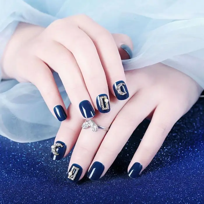 24pcs Boxed Simple And Short Style Full Cover Press On Nails Blue Manicure White Moon Pearl And Glitter Decoration False Nails False Nails Aliexpress