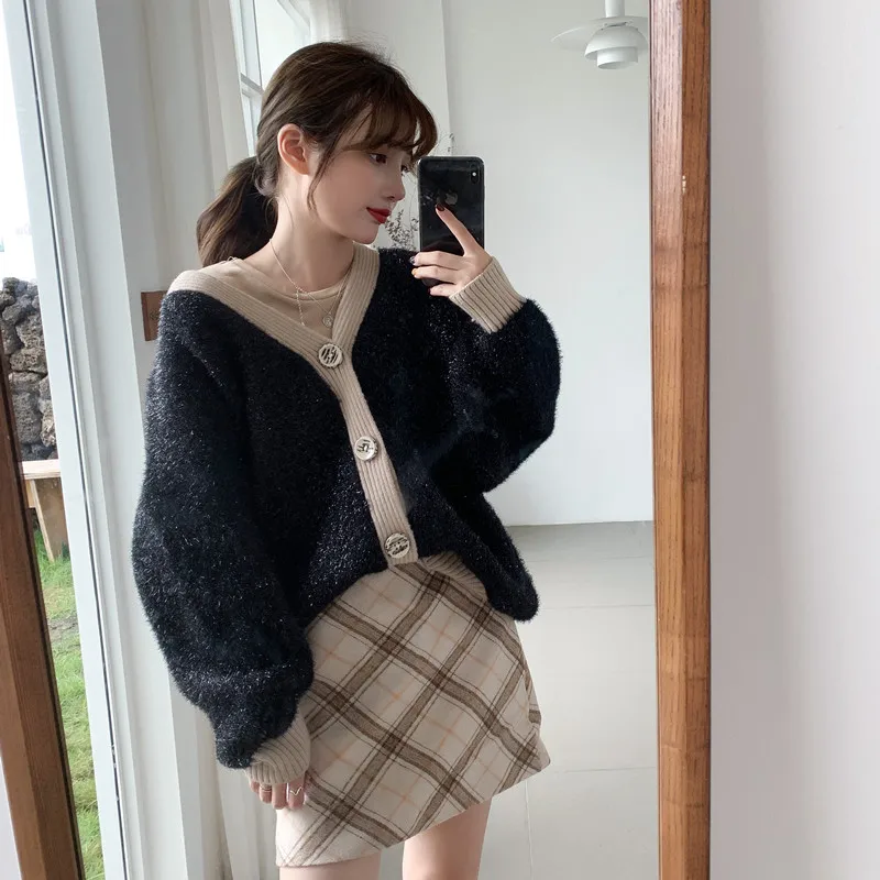 

Elegant Women Cardigan Sweaters Patchwork Thick Knit Open Stitch V-neck Long Sleeve Single-breasted Ladies Autumn sweater vs384