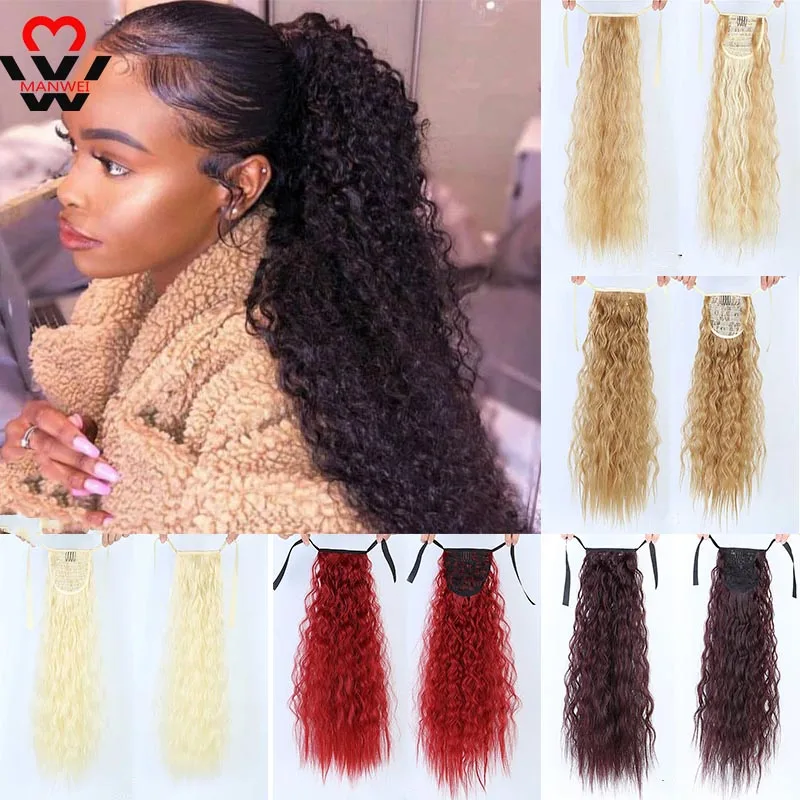 

MANWEI22 inches Long Kinky Curly Ponytail Ribbon Drawstring Wrap Around on Ponytail Extensions Synthetic Natural Fake Hair Piece