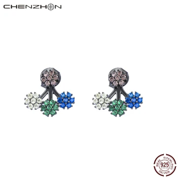 

CHENZHON Flower Stud CZ Paved Korean Style 925 Sterling Silver Earrings Women Cubic Zircon Multi-Color Cute Party Black Jewelry