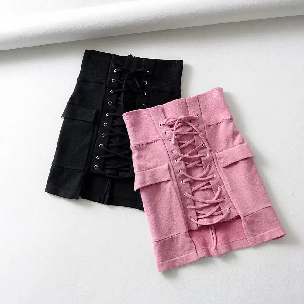 

2020 Spring And Summer New Style Europe And America High-waisted Solid Color Knit Tying Skirt Dual Pocket Skirt