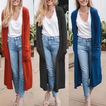 

Women Autumn Casual Polyester Solid Color Long Sleeve Big Pockets Thin Cardigan Loose Coat Fur Fluffy Coat Jackets Outwear