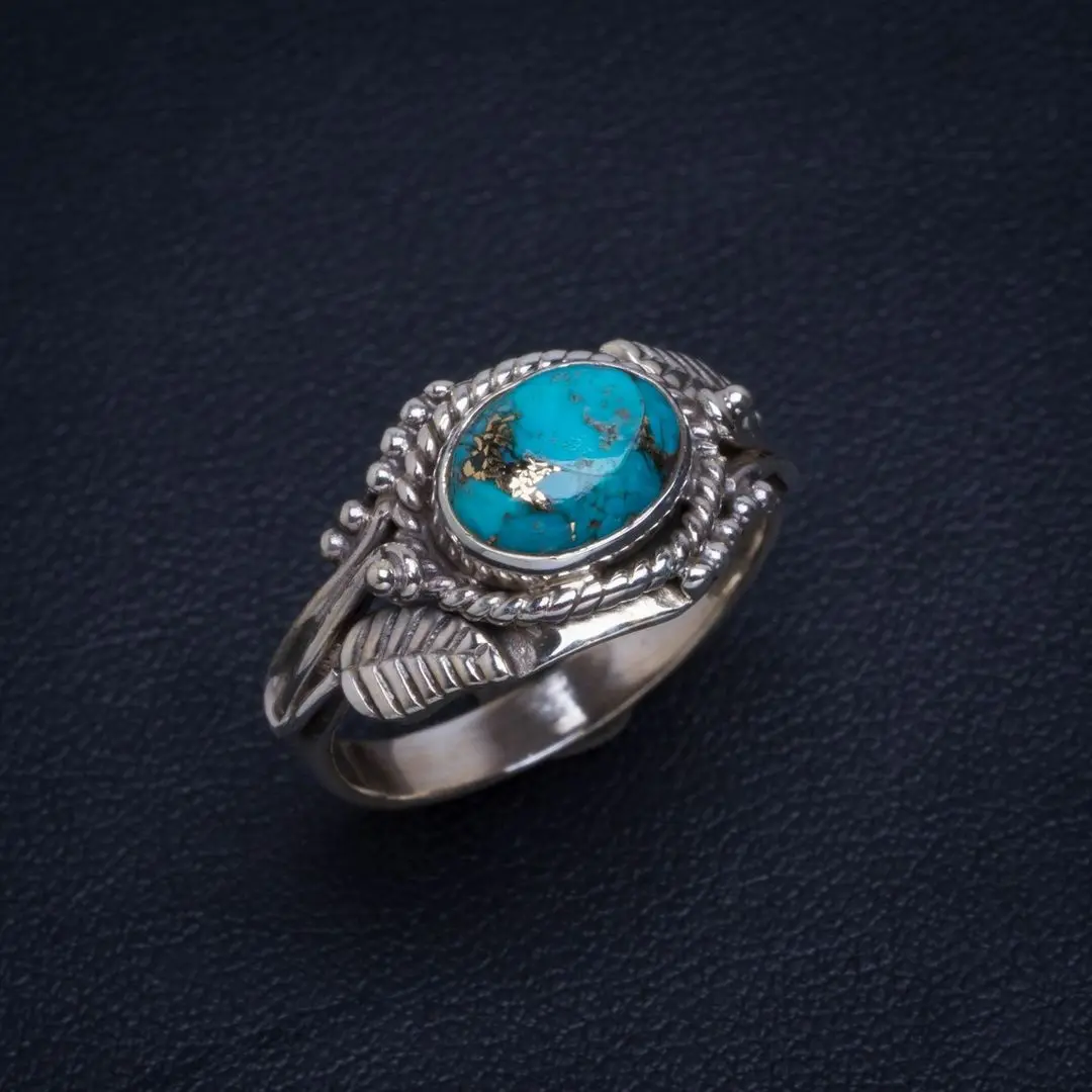 

Natural Turquoise Handmade Unique Leaf 925 Sterling Silver Ring 8 B1249