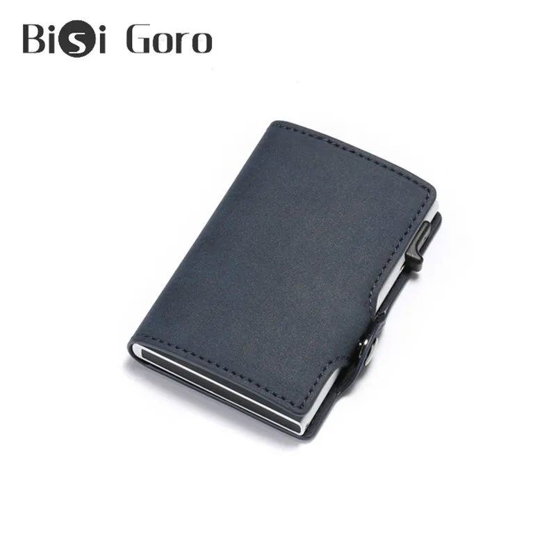 BISI GORO Анти Rfid кредитный держатель для карт Чехол Мужской скользящий кожаный ID держатель для карт Алюминиевый металлический кошелек сумка для кредитных карт Popwallet