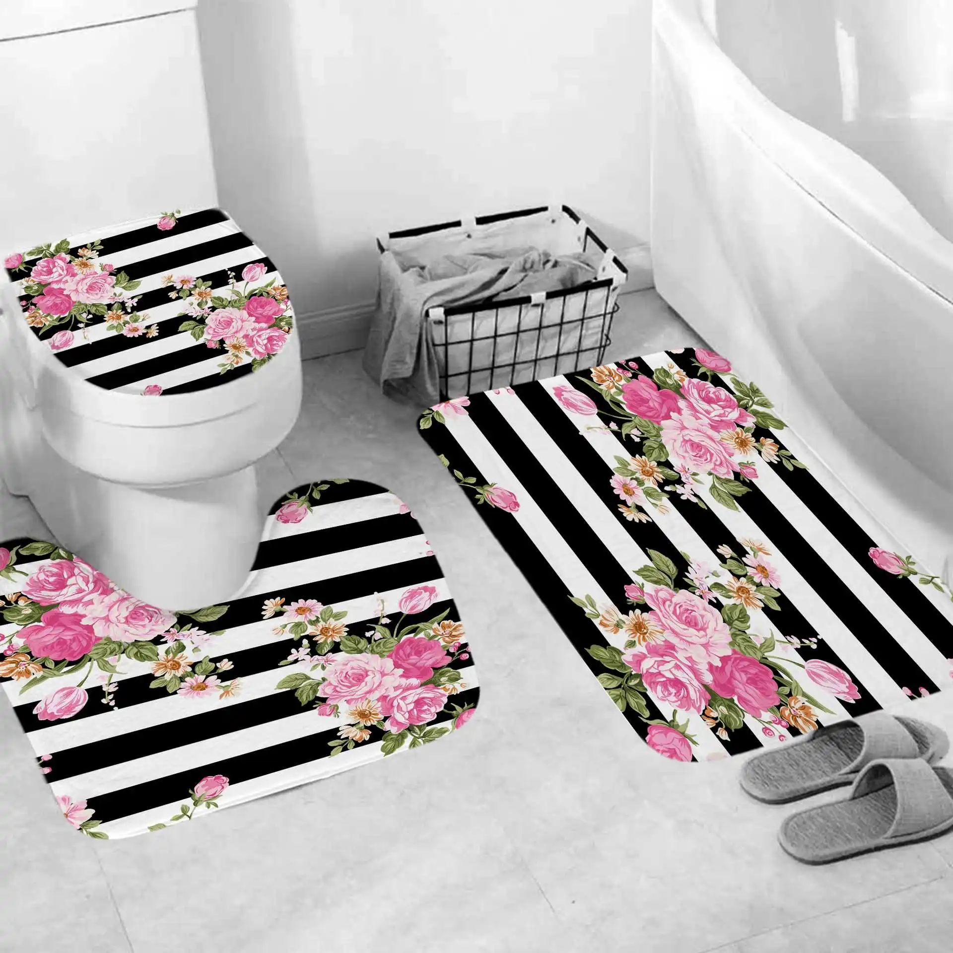 3PCS  Pink Flower Print Bathroom Bath Mat Contour Rug Set with Toilet Lid Cover 