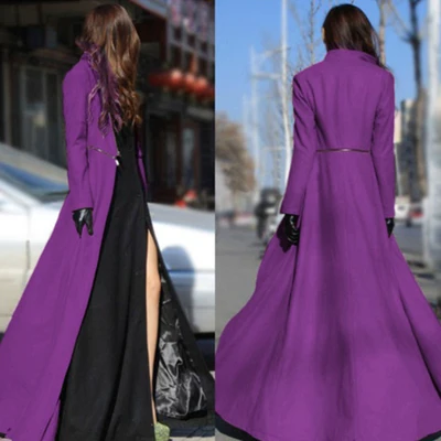purple Женское осеннее шерстяное пальто, ультра длинное, тонкое, для похудения, одноцветное, с воротником, с длинным рукавом, приталенное, зимнее, шерстяное, шерстяное пальто для женщин, SS435 - Цвет: purple