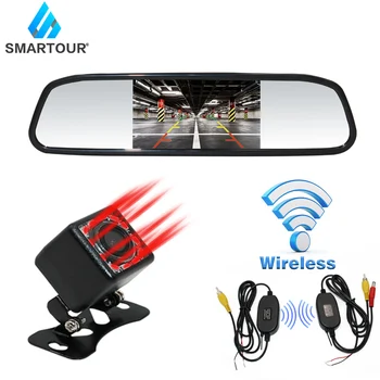 

Smartour Waterproof HD 4.3" Car Mirror Monitor With Vehicle Rear View Reverse Backup Camera 3 in 1 Parking System+2.4G Wireless