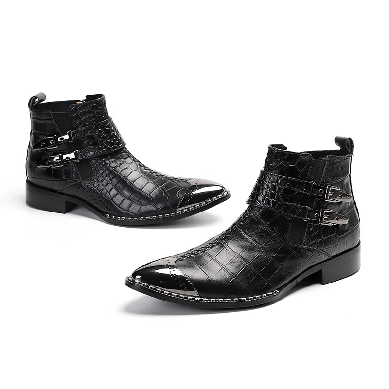 Genuine Leather Ankle Boots Black Business Leisure Party High Top Men Shoes Trendy Buckle Sewing Design Casual Short Boots 37-46