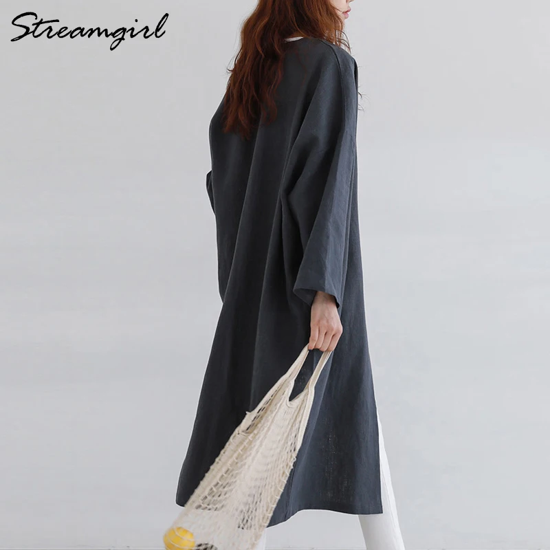 Streamgirl Autumn Long Trench Coat For Women Cotton Linen Loose Long Cardigan Large Size Autumn Cotton Khaki Trench Large Size