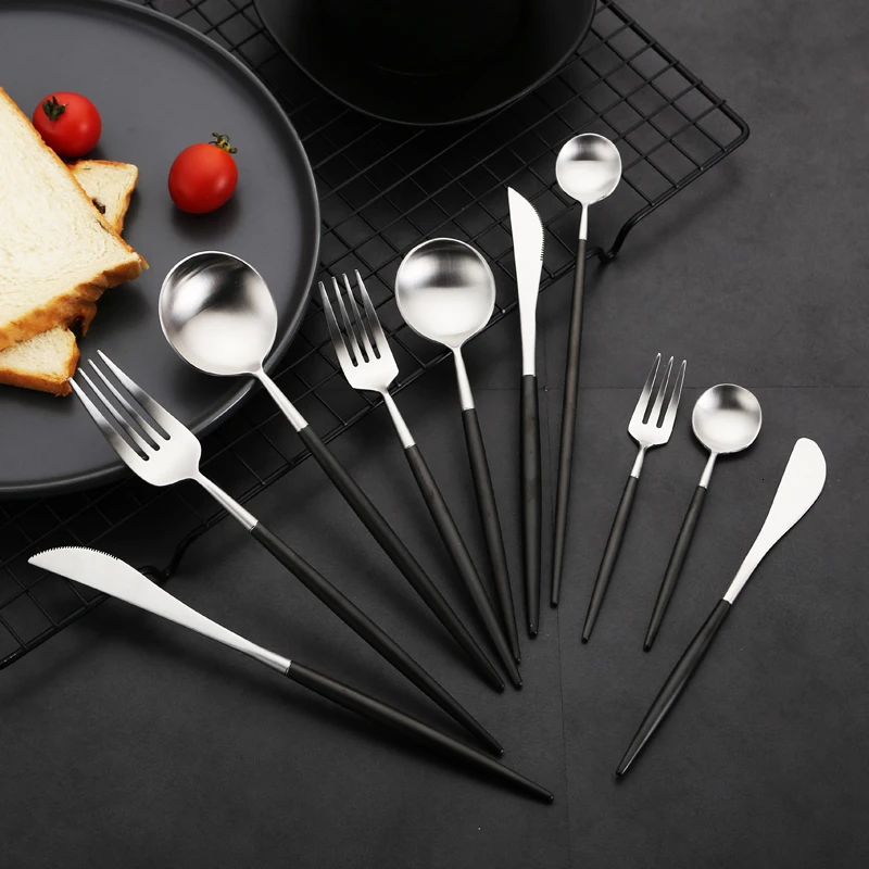 Черный Серебряный набор столовых приборов 304 из нержавеющей стали, столовые приборы, нож для стейка, вилка, палочки для еды, чайная ложка, вечерние столовые приборы для кухни