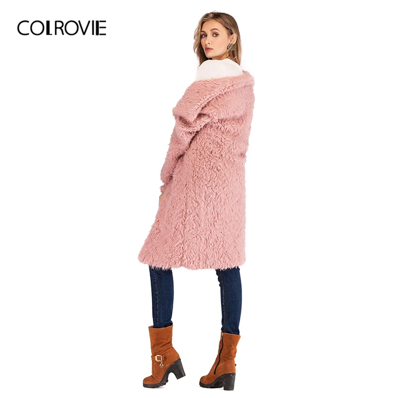COLROVIE розовый воротник водопад сплошной плюшевое пальто Мода Осень Зима теплые одноцветные пальто Гламурная Верхняя одежда миди