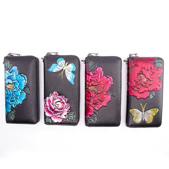

Women's Leather Vintage Hand-painted National Style Zipper Long Clutch Wallet Bifold Large Capacity Card Purse with Hand Ring
