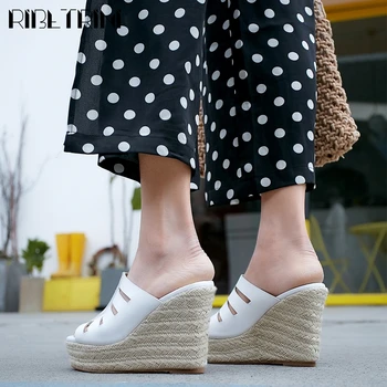

RIBETRINI Genuine Leather Female Open Toe Solid Designer Platform Shoes Women Sandals Wedges Solid Slip On Sandals