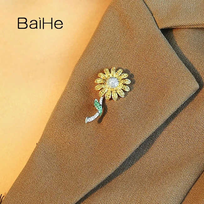 H580b8a78d5fd4bcc832e7b32a9d8b9c4P BAIHE Solid 14K White Yellow Gold Yellow Sapphire Emerald Diamond Flower Brooch Pendant Women Mommy Workplace Fine Jewelry