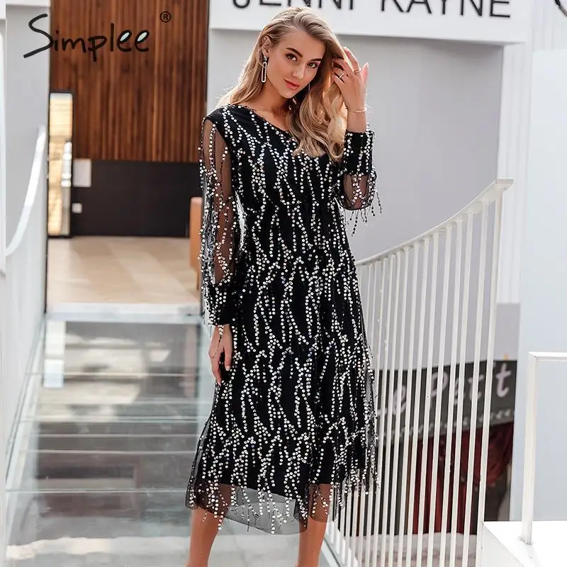 Simplee Sexy v-neck evening party dress Mesh long sleeve sequin women night maxi dress Lady spring oversize loose summer dress Simplee Sexy v-neck evening party dress Mesh long sleeve sequin women night maxi dress Lady spring oversize loose summer dress
