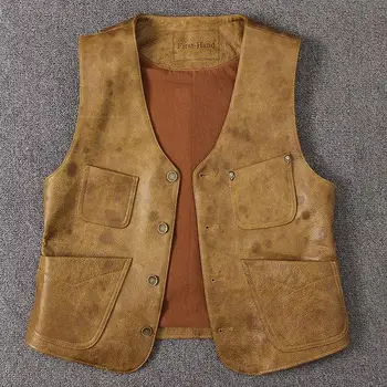 

Real Men's Japanese Style Button Genuine Cow Leather Casual Waistcoat Short Slim Vintage Yellow Male Biker Vest