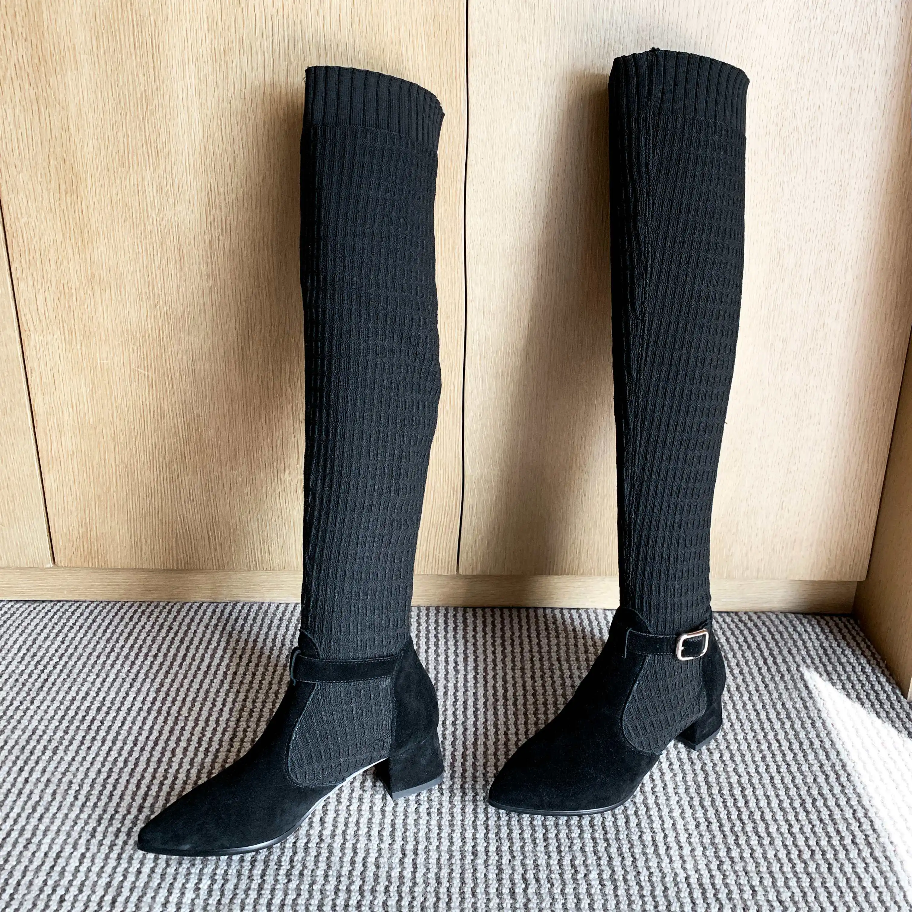 Vichelo Hot Internet star cow suede stretch fabric pointed toe med heels buckle straps winter women warm over-the-knee boots L77