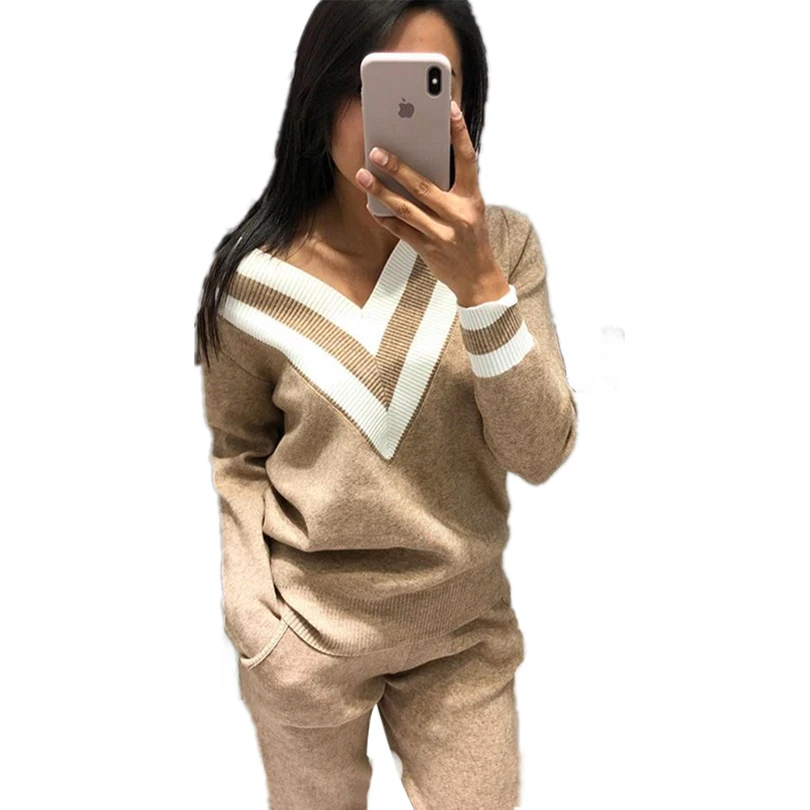 

MVGIRLRU Autumn Winter Women's Knit Tracksuit Color Matching V-neck Sweater + Beam Pants Knitted Two-piece Suit