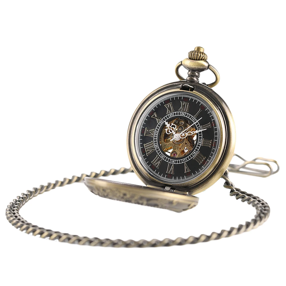 Бронзовый Скелет Кулон карманные часы для мужчин ручной обмотки механические часы классические полые часы для женщин подарок брелок цепь Reloj