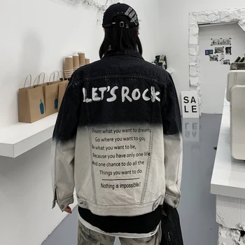 

20SS Gradient Color Block Mens Denim Jacket Letter Print Hip Hop Loose Casual Jean Jacket Streetwear Windbreaker Bomber Jacket