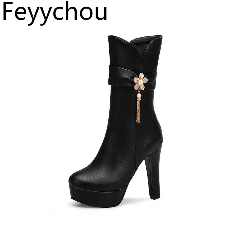 

Women's Boots Autumn Winter Warm Super High Heel Round Toe Zip Mid-calf Platform Pearl Motorcycle Shoes2019 Sexy Fashion White