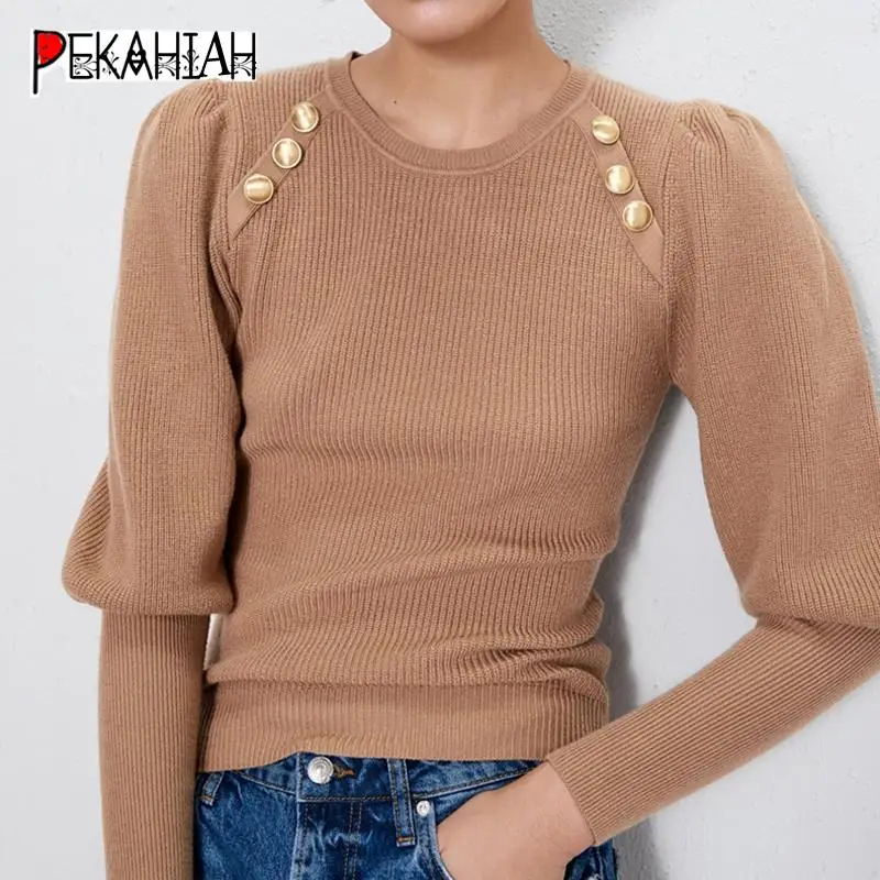 Winter black white pearl knitted Sweater women pullover casual chic lantern sleeve sweater elegant womens sweaters | Женская одежда