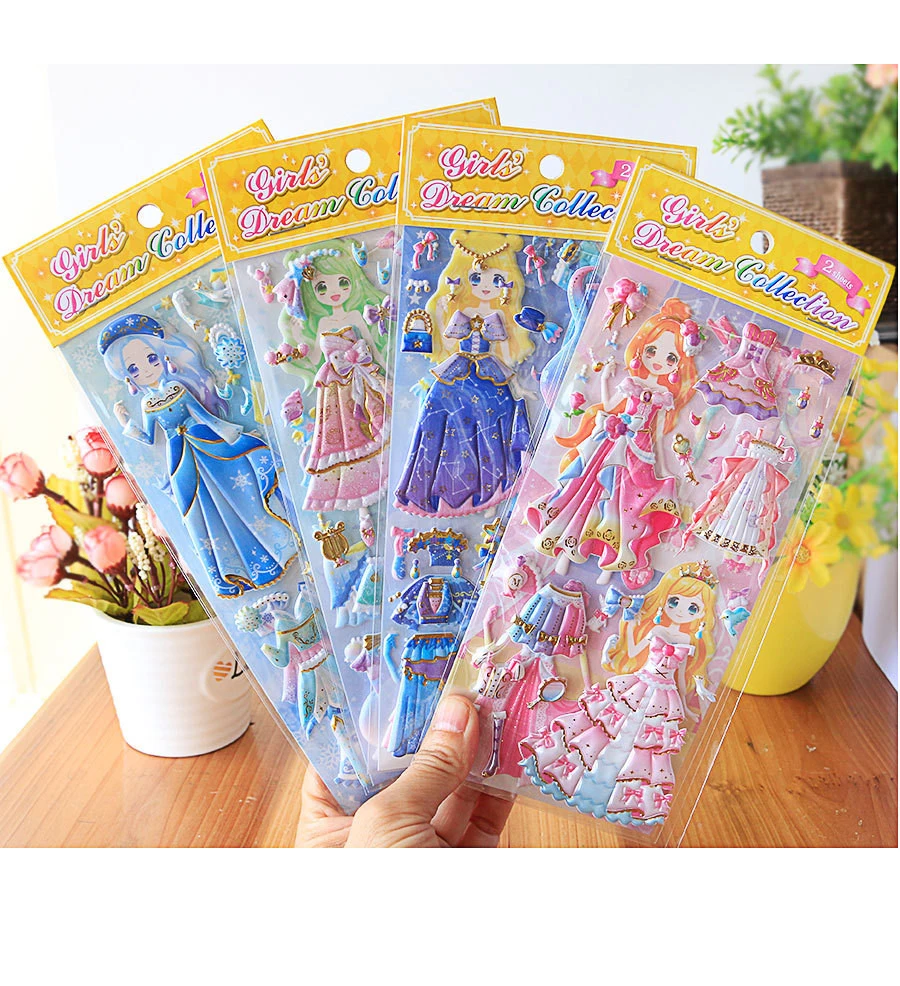 8sheets /lot kawaii Dress up Stickers girls Fashion 3D cartoon PVC sticker waterproof children toys gifts new styles