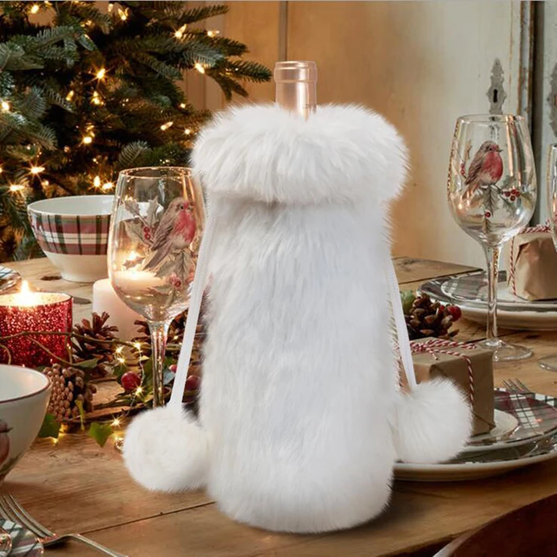 New Christmas Wine Bags Red Bottle Covers Gift Champagne Pouch Faux Fur Packaging Bag Wedding Party Decoration | Дом и сад