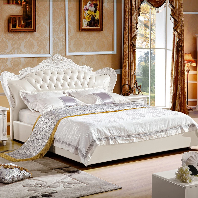 

Modern European Solid Wood Bed 2 People Fashion Carved Leather French Bedroom Furniture King Size 0516