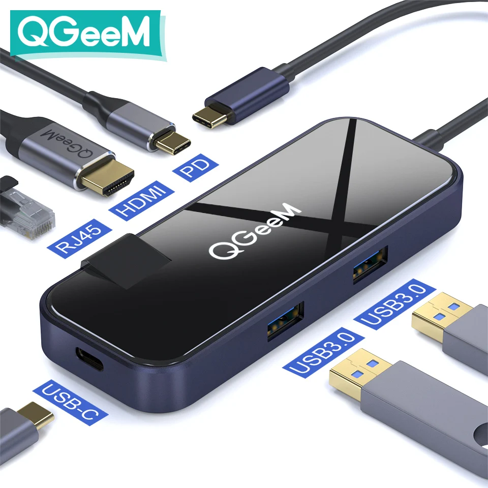 QGeeM USB концентратор C для Macbook Pro Air 2020 типа 3.0 Адаптер RJ45 LAN PD Data HDMI Type Hub iPad Splitter Dock