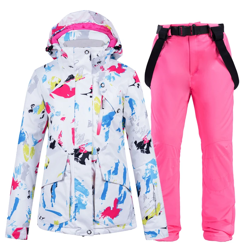 Женский лыжный костюм, куртка для сноуборда, брюки, ветрозащитная, водонепроницаемая, Супер теплая, для улицы, спортивная одежда, женская, с капюшоном, зимняя одежда, брюки - Цвет: Color 1
