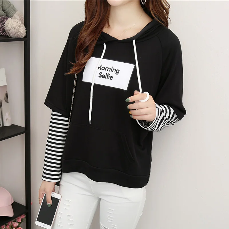 

harajuku Students Simple Striped Hoodies Women Korean basic casual oversized hoodie patchwork black Sweatshirts Womens Clothing