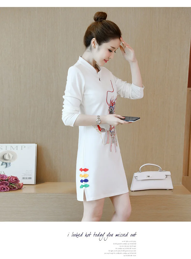 Осень, стиль, женское платье, улучшенная серия, Cheongsam, приталенное, для похудения, этнический стиль, воротник-стойка, длинный рукав, вышивка