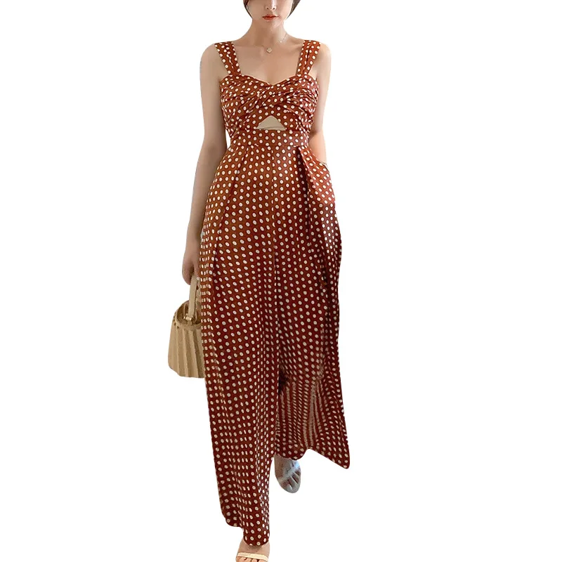 2022 Summer Long Rompers Sexy Women Jumpsuit Party Dot Hollow Out Spaghetti Strap Catsuit Overalls Bodysuit Club Pants Playsuits