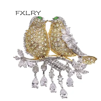 

FXLRY New Arrive Romantic Fashion Women White Color Cubic Zircon Crystal Lovebird Brooches Sweater Coat Accessories