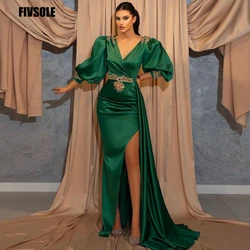 Fivsole High Quality Green Prom Dress Puff Sleeves V-neck High Side Slit Formal Evening Gowns Long Wedding Party Dress Vestidos