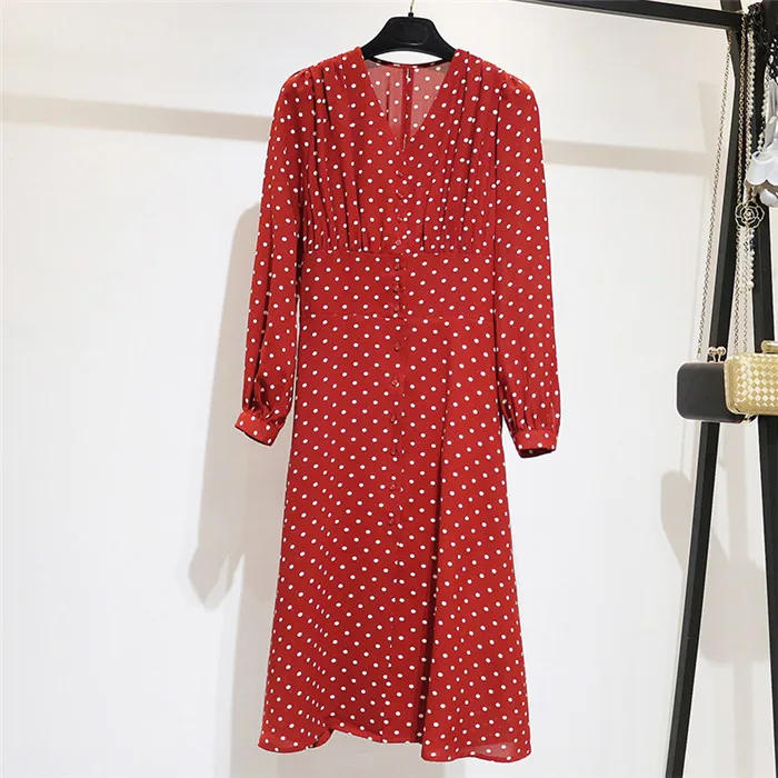 Long Sleeve Flectit винтажное платье 80s во французском стиле, в горошек, на пуговицах, миди платье с длинным рукавом, с высокой талией, Ретро стиль, праздничное платье для женщин - Цвет: Long Sleeve