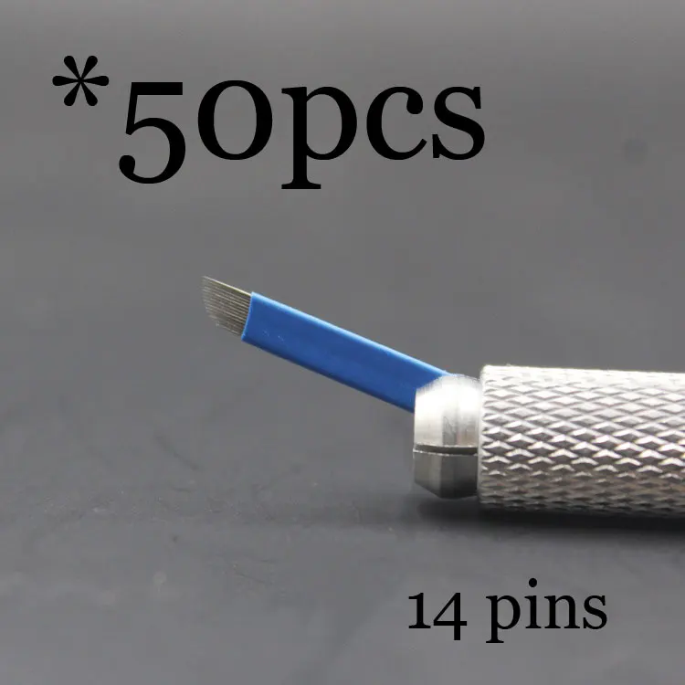 50P 9 12 14 16 18 21 Pin u-образные иглы для татуажа, Перманентный макияж, лезвие для вышивания бровей, для 3D микроблейдинга, ручная ручка для татуировки - Габаритные размеры: 50pcs14pin