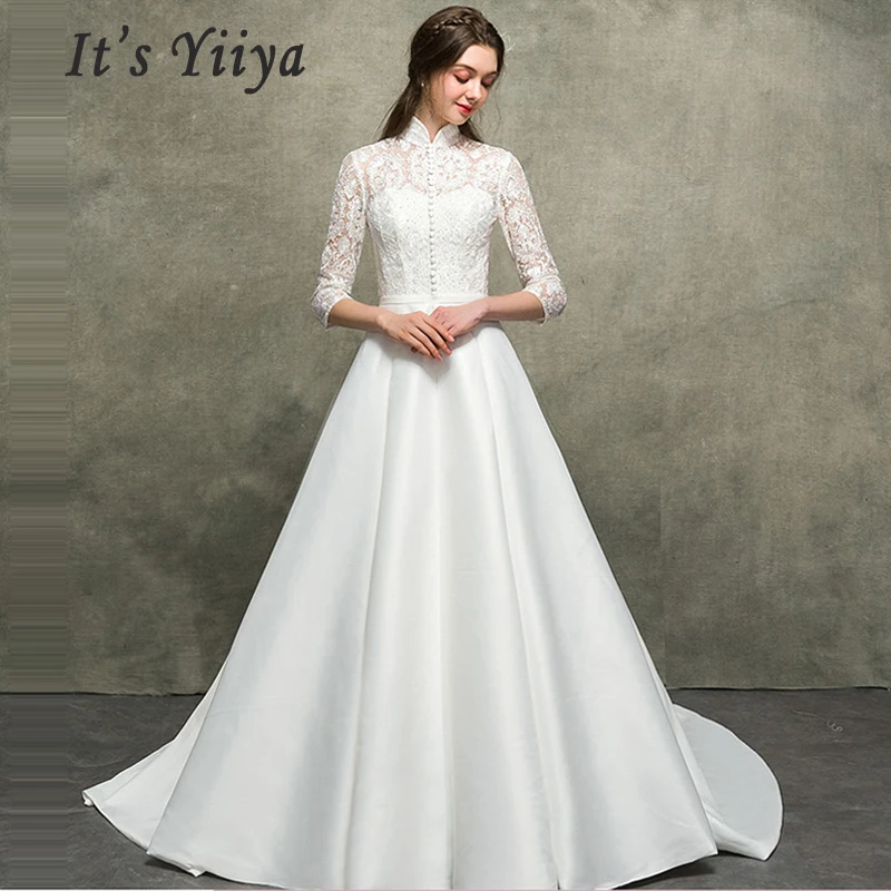 Это свадебное платье Yiiya, сексуальное кружевное свадебное платье с высоким воротником, es размера плюс, рукав три четверти, Vestido De Novia E666